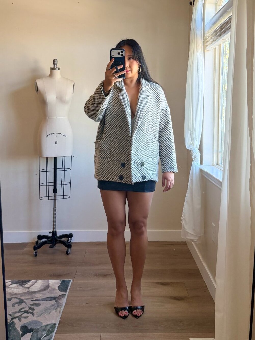 FRNCH Oversized Gingham Tweed Jacket | Black White Wool Blend Coat | Size Large